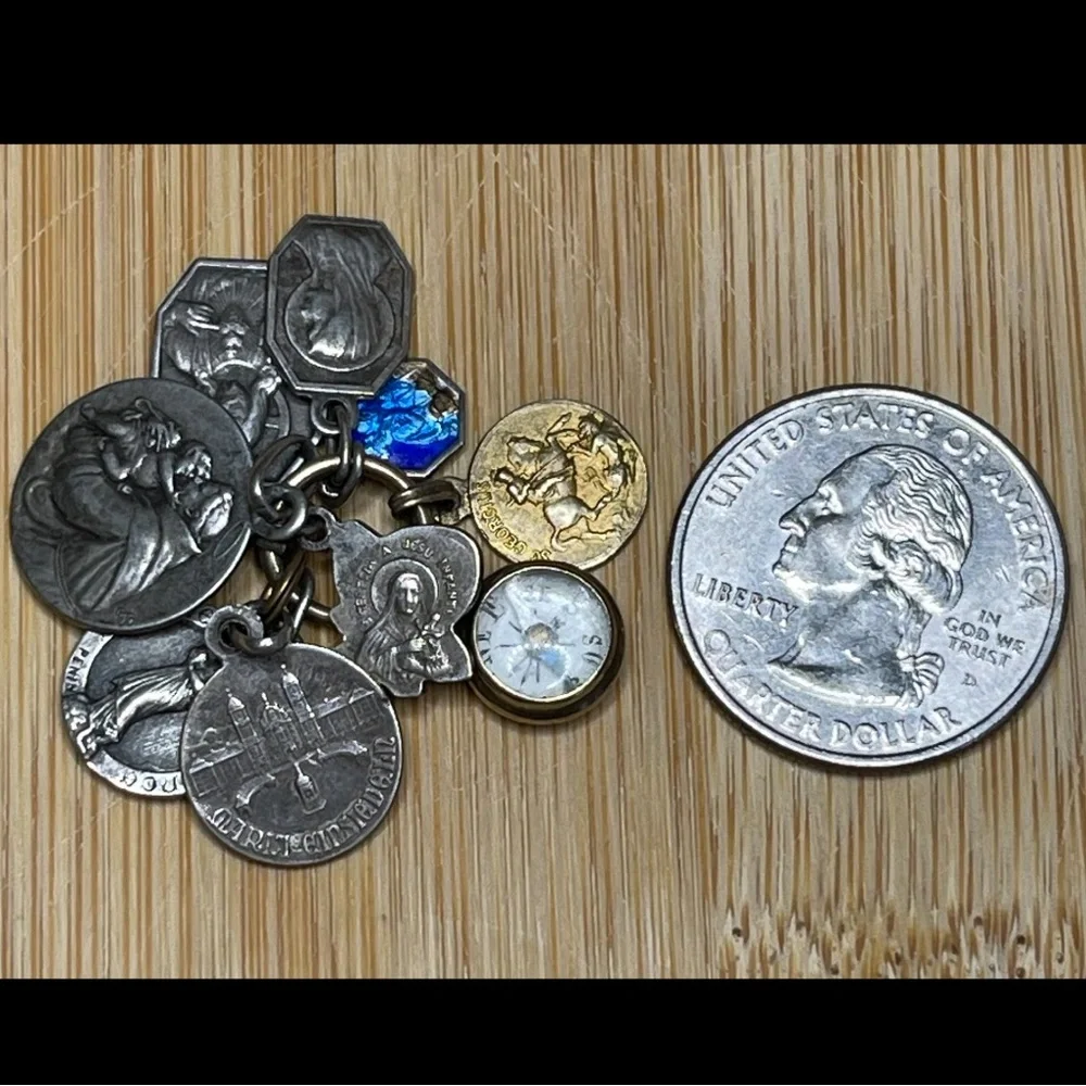 Antique French Religious Medals with Darling, Tiny Compass - Extraordinary Gift!